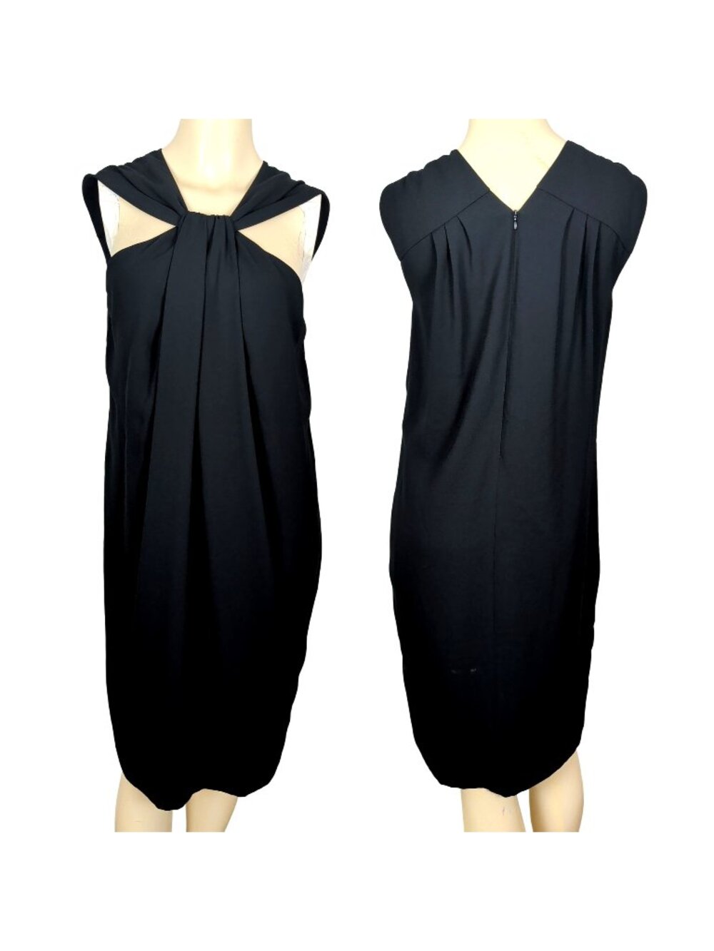 St John Silk Dress Size 8 Black Sleeveless Shift Keyhole Draped Front Halterneck